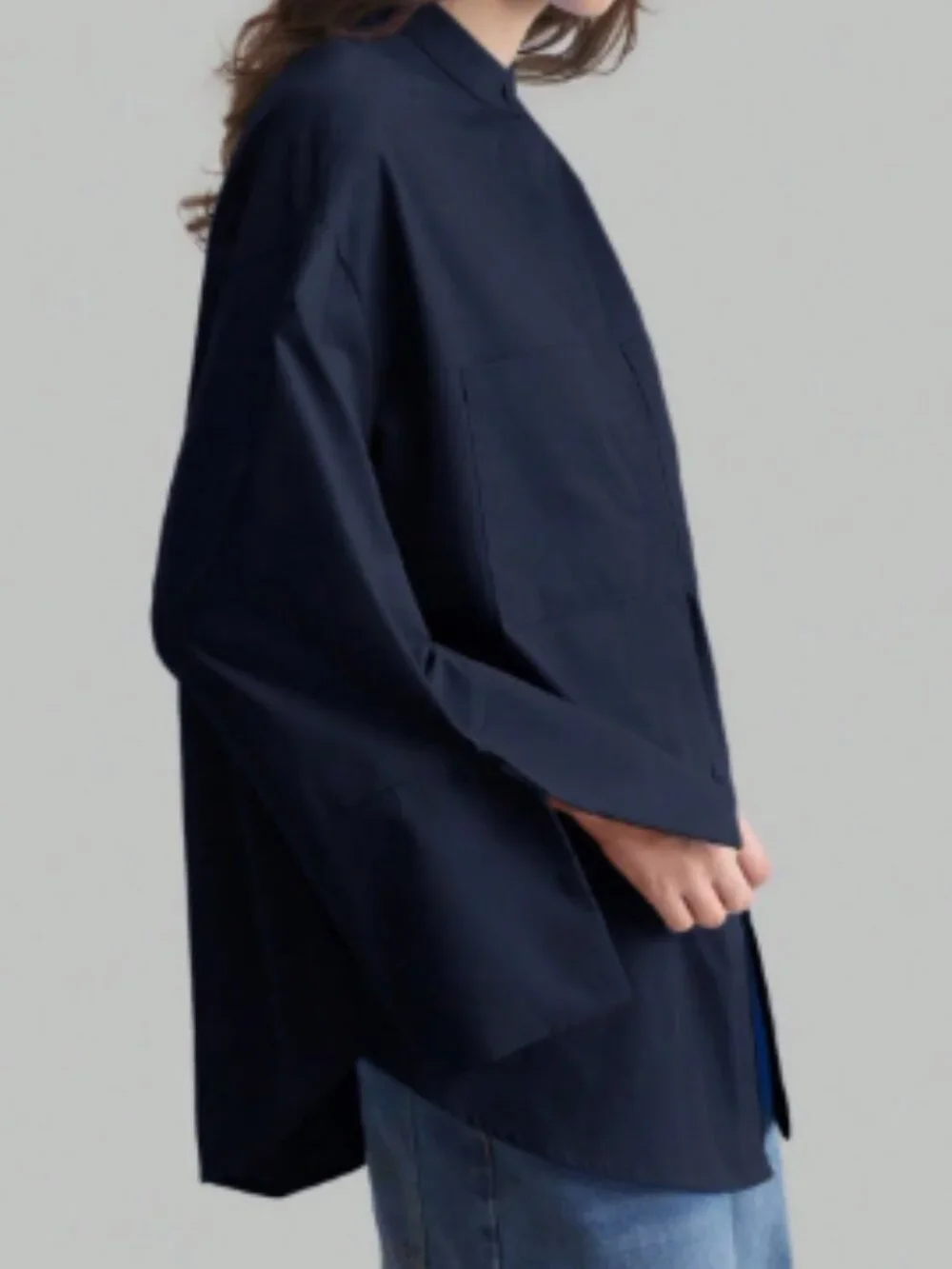 NEW Navy Blue Stylish Cotton Mix Blouse Button-Down Shirt Large-Xlarge - Picture 2 of 8